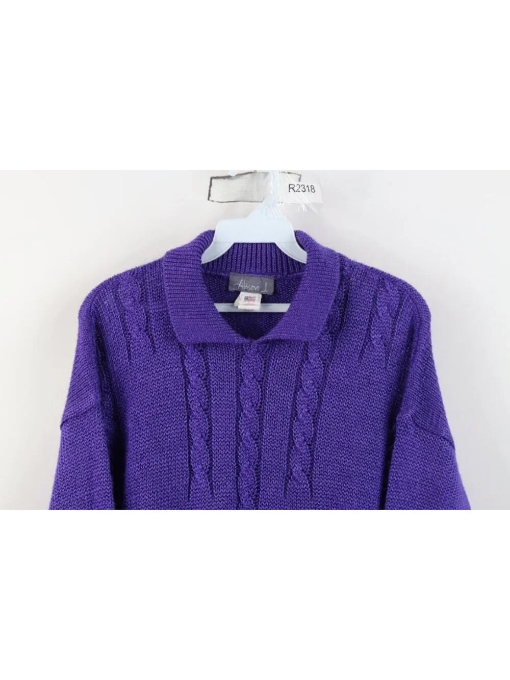 Vintage 80s 90s Womens Large 3/4 Sleeve Cable Knit Collared Sweater Purple USA